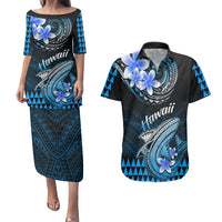 Hawaii Couples Matching Puletasi Dress and Hawaiian Shirt Polynesian Shark with Kakau Blue Version - Wonder Print Shop