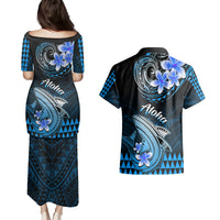 Hawaii Couples Matching Puletasi Dress and Hawaiian Shirt Polynesian Shark with Kakau Blue Version - Wonder Print Shop
