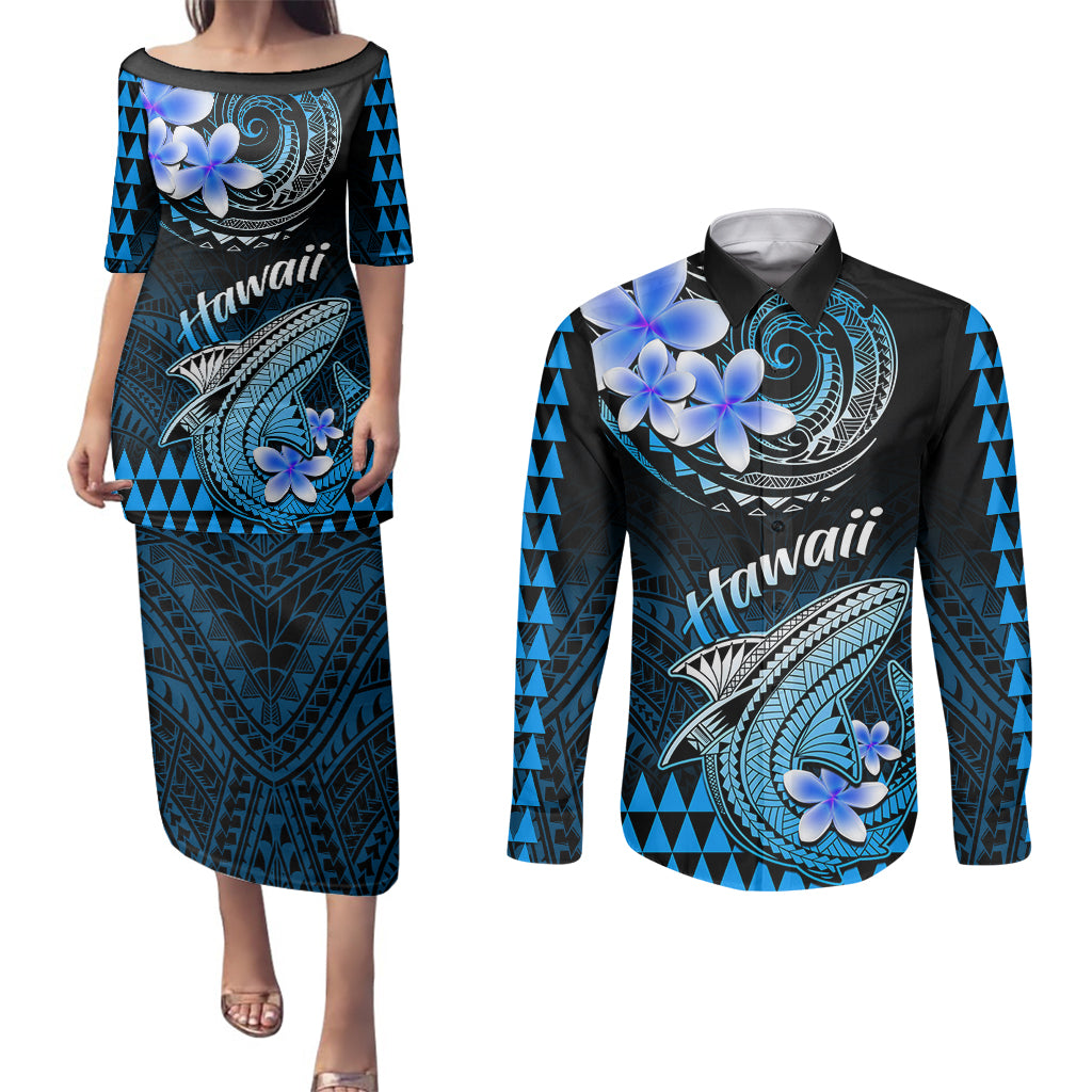 Hawaii Couples Matching Puletasi Dress and Long Sleeve Button Shirts Polynesian Shark with Kakau Blue Version - Wonder Print Shop