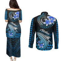 Hawaii Couples Matching Puletasi Dress and Long Sleeve Button Shirts Polynesian Shark with Kakau Blue Version - Wonder Print Shop