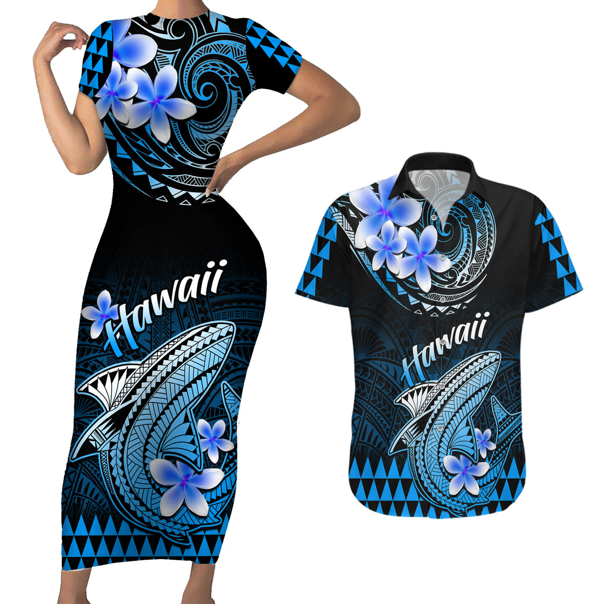 Hawaii Couples Matching Short Sleeve Bodycon Dress and Hawaiian Shirt Polynesian Shark with Kakau Blue Version - Wonder Print Shop