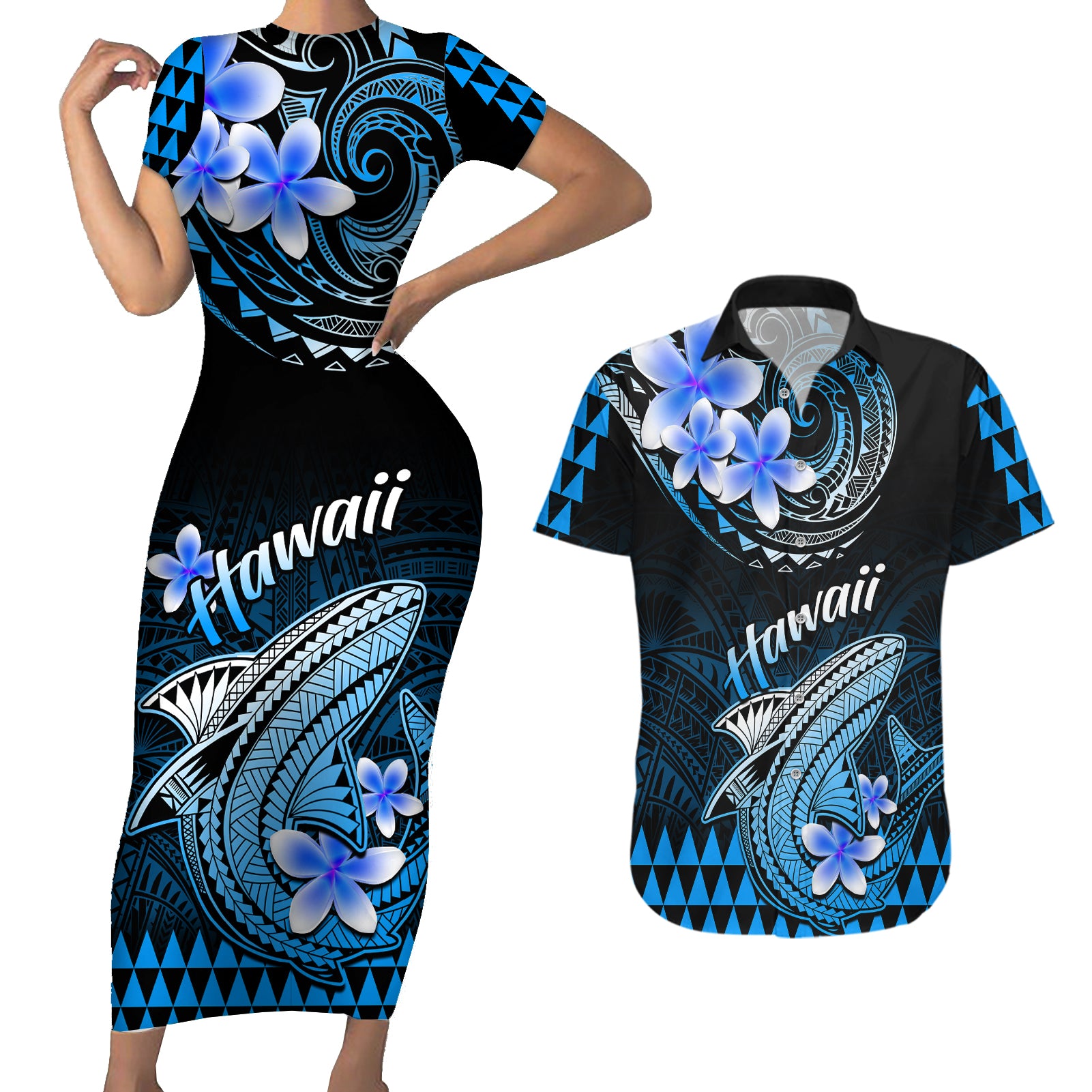 Hawaii Couples Matching Short Sleeve Bodycon Dress and Hawaiian Shirt Polynesian Shark with Kakau Blue Version - Wonder Print Shop