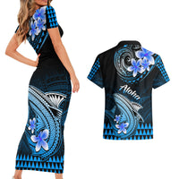 Hawaii Couples Matching Short Sleeve Bodycon Dress and Hawaiian Shirt Polynesian Shark with Kakau Blue Version - Wonder Print Shop
