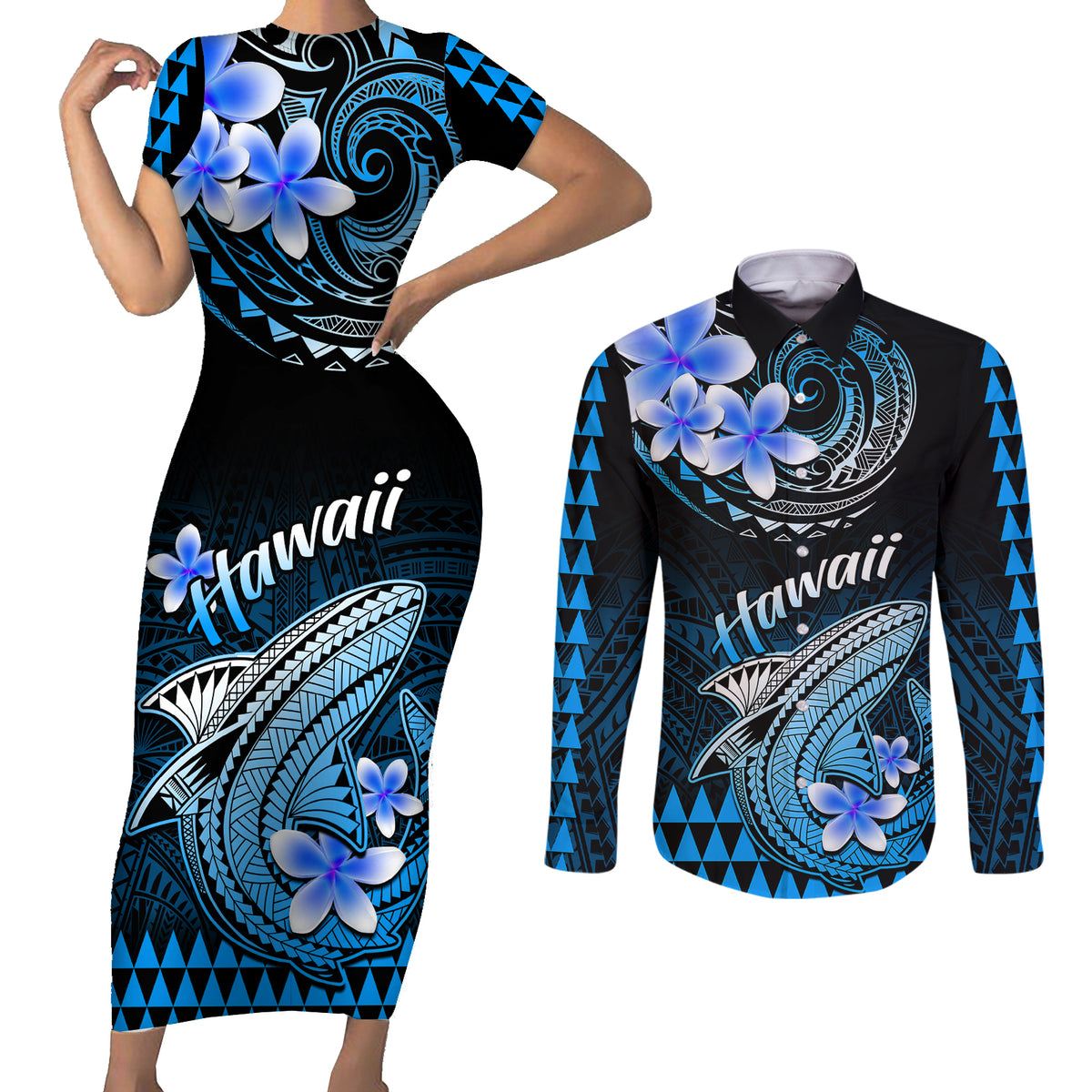Hawaii Couples Matching Short Sleeve Bodycon Dress and Long Sleeve Button Shirts Polynesian Shark with Kakau Blue Version - Wonder Print Shop