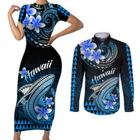 Hawaii Couples Matching Short Sleeve Bodycon Dress and Long Sleeve Button Shirts Polynesian Shark with Kakau Blue Version - Wonder Print Shop