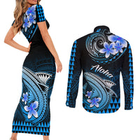 Hawaii Couples Matching Short Sleeve Bodycon Dress and Long Sleeve Button Shirts Polynesian Shark with Kakau Blue Version - Wonder Print Shop