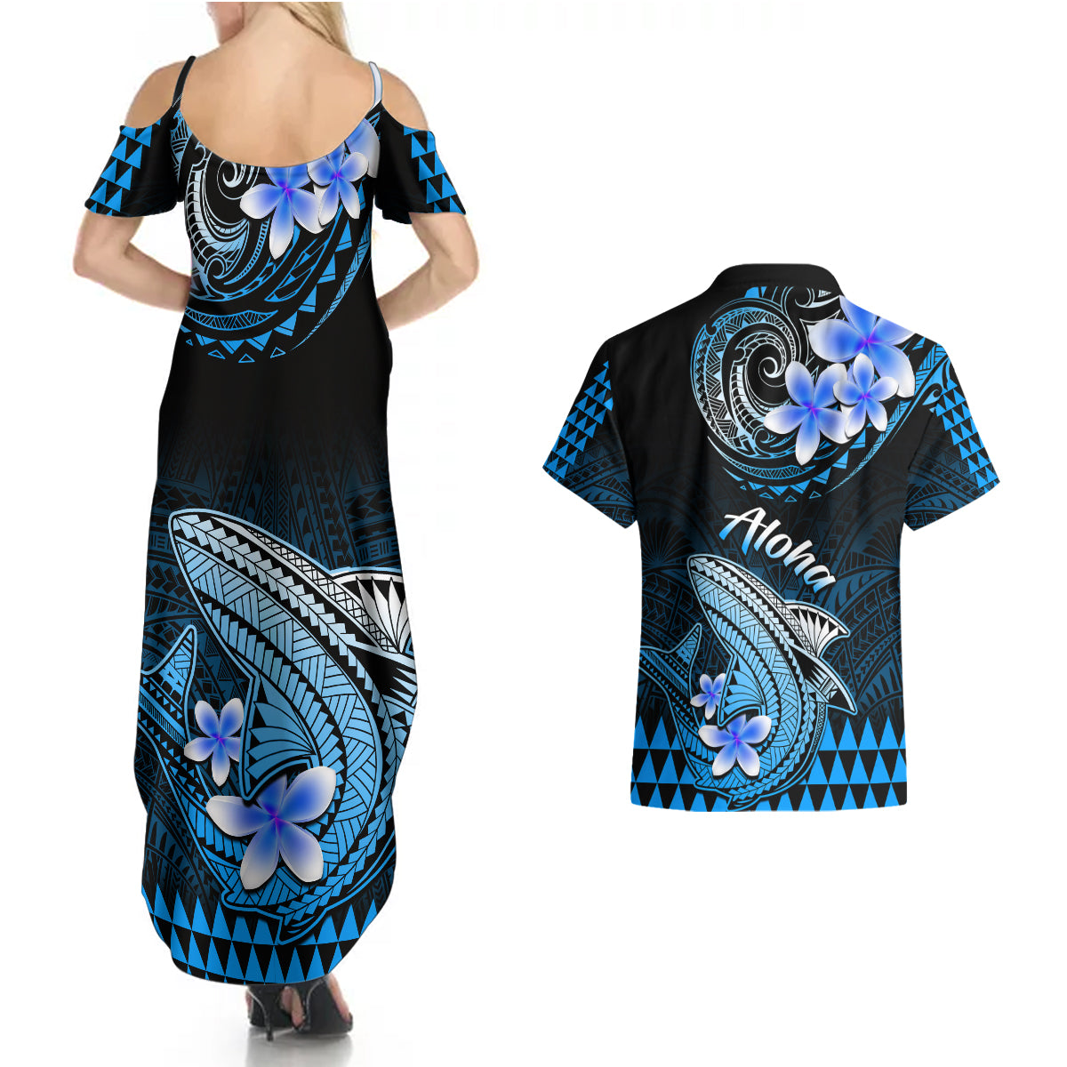Hawaii Couples Matching Summer Maxi Dress and Hawaiian Shirt Polynesian Shark with Kakau Blue Version - Wonder Print Shop