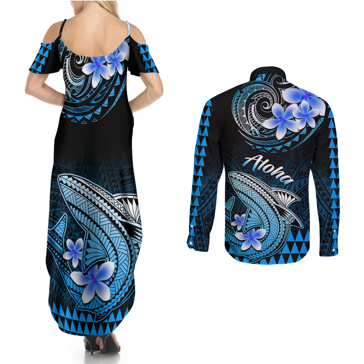 Hawaii Couples Matching Summer Maxi Dress and Long Sleeve Button Shirts Polynesian Shark with Kakau Blue Version - Wonder Print Shop