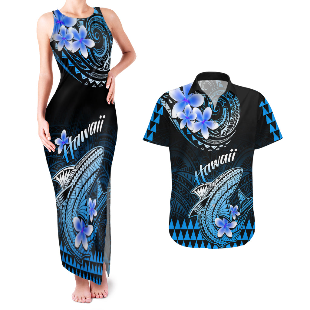 Hawaii Couples Matching Tank Maxi Dress and Hawaiian Shirt Polynesian Shark with Kakau Blue Version - Wonder Print Shop