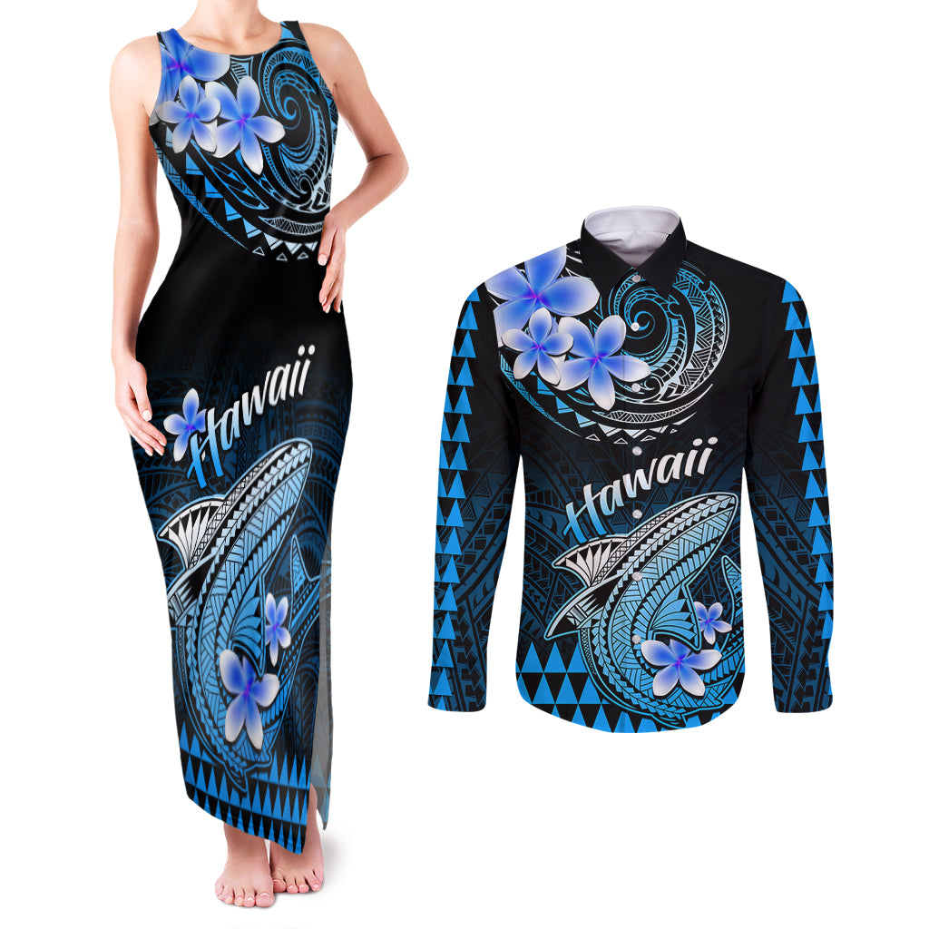 Hawaii Couples Matching Tank Maxi Dress and Long Sleeve Button Shirts Polynesian Shark with Kakau Blue Version - Wonder Print Shop