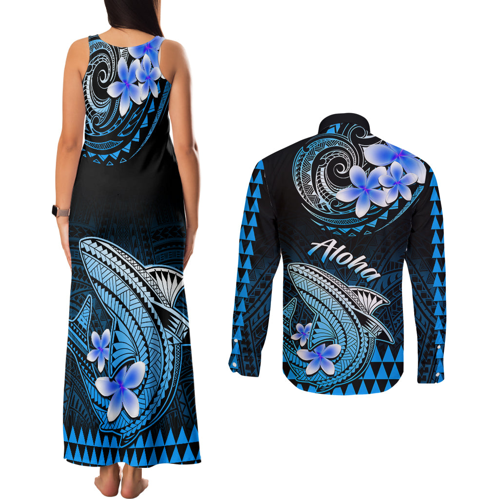 Hawaii Couples Matching Tank Maxi Dress and Long Sleeve Button Shirts Polynesian Shark with Kakau Blue Version - Wonder Print Shop