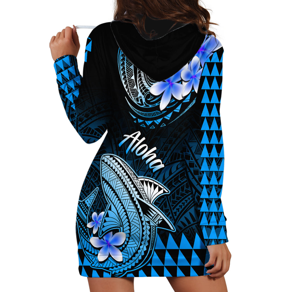 Hawaii Hoodie Dress Polynesian Shark with Kakau Blue Version - Wonder Print Shop