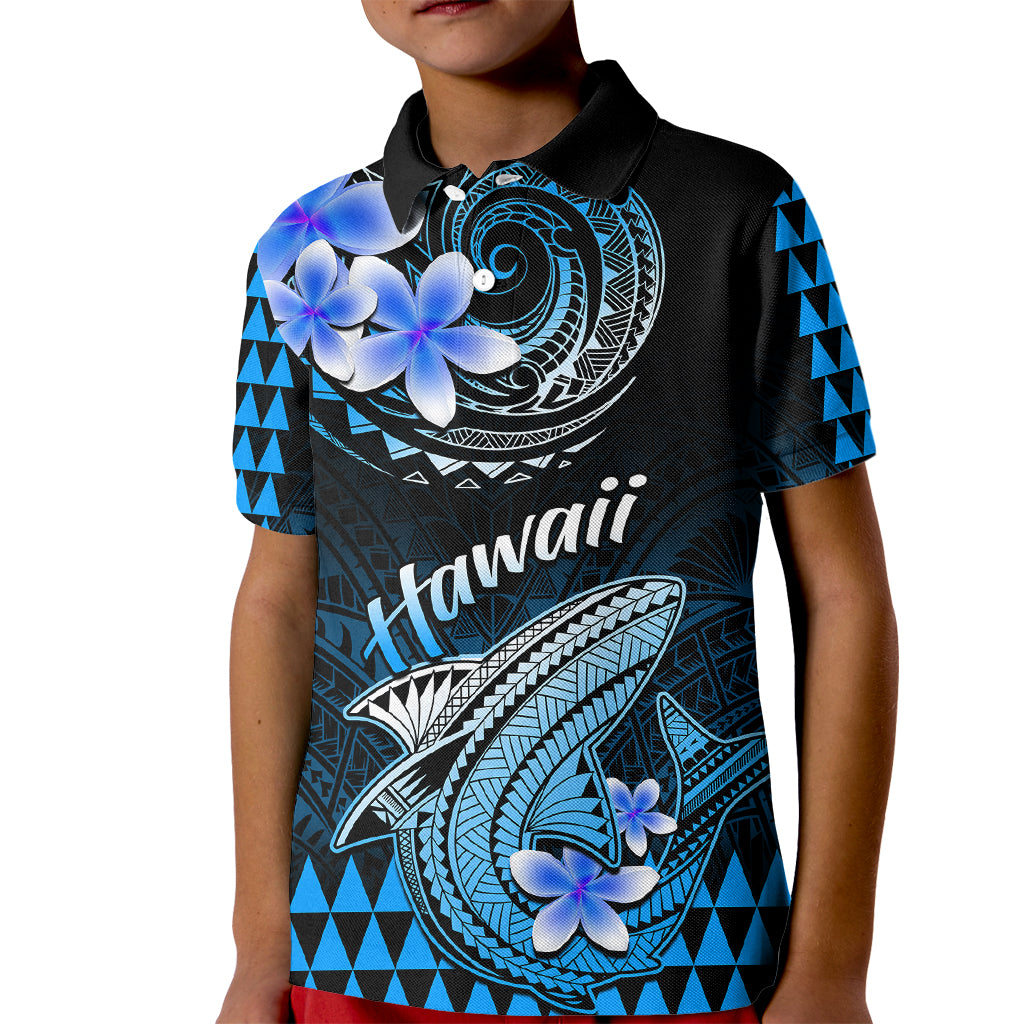 Hawaii Kid Polo Shirt Polynesian Shark with Kakau Blue Version - Wonder Print Shop