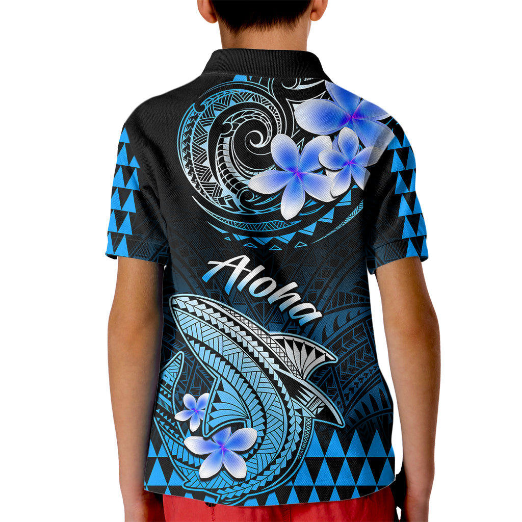 Hawaii Kid Polo Shirt Polynesian Shark with Kakau Blue Version - Wonder Print Shop