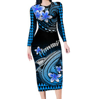 Hawaii Long Sleeve Bodycon Dress Polynesian Shark with Kakau Blue Version - Wonder Print Shop