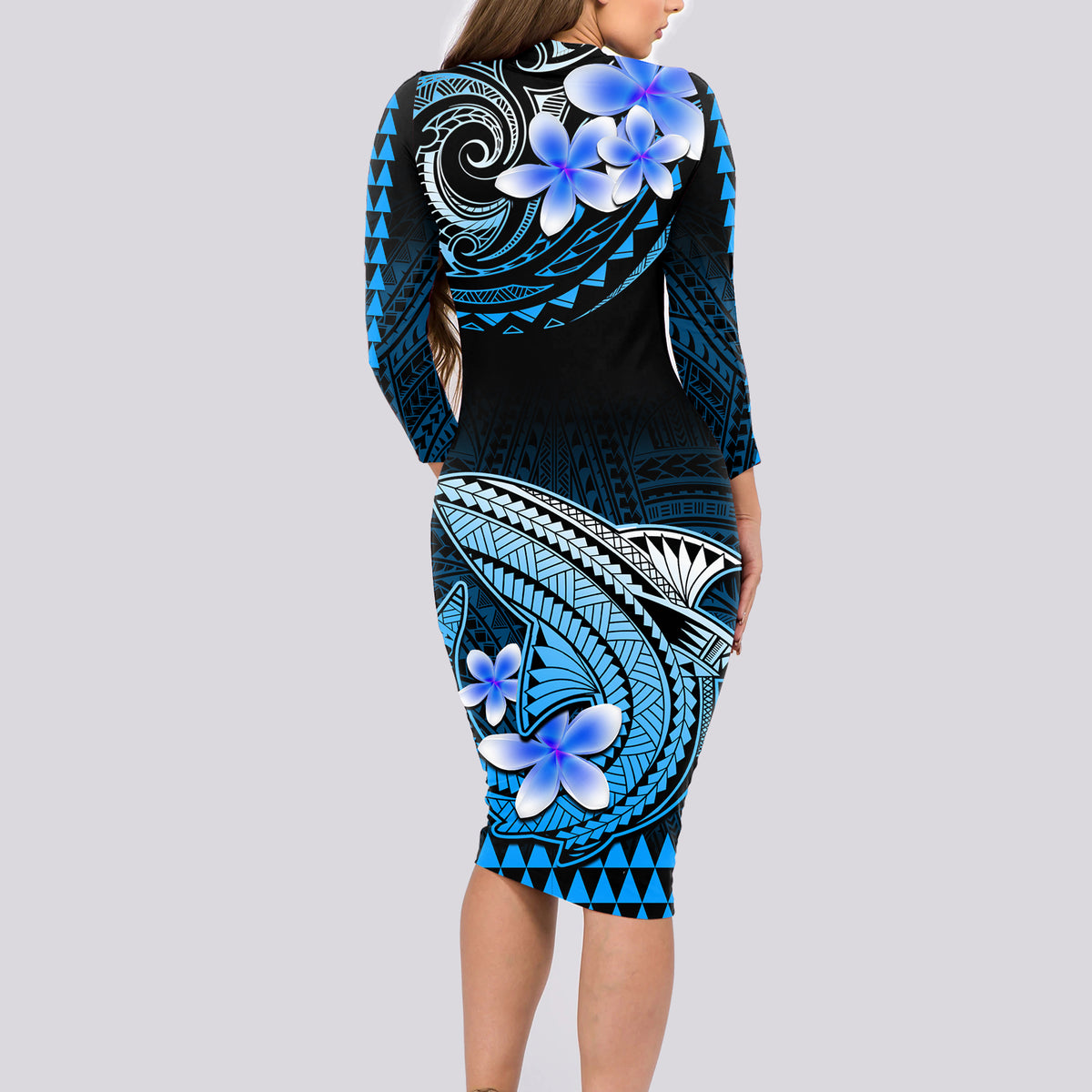 Hawaii Long Sleeve Bodycon Dress Polynesian Shark with Kakau Blue Version - Wonder Print Shop
