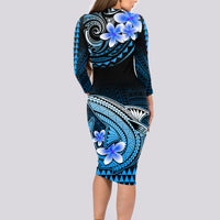 Hawaii Long Sleeve Bodycon Dress Polynesian Shark with Kakau Blue Version - Wonder Print Shop
