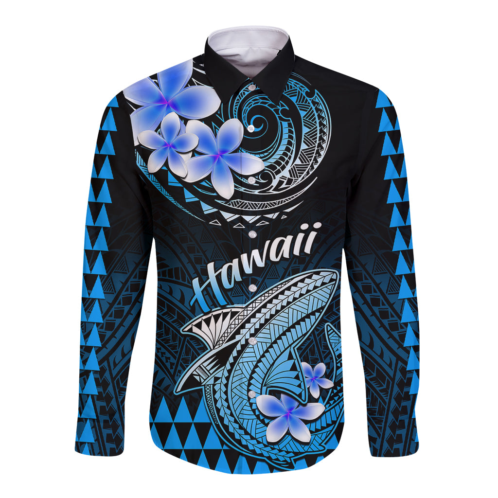 Hawaii Long Sleeve Button Shirt Polynesian Shark with Kakau Blue Version - Wonder Print Shop