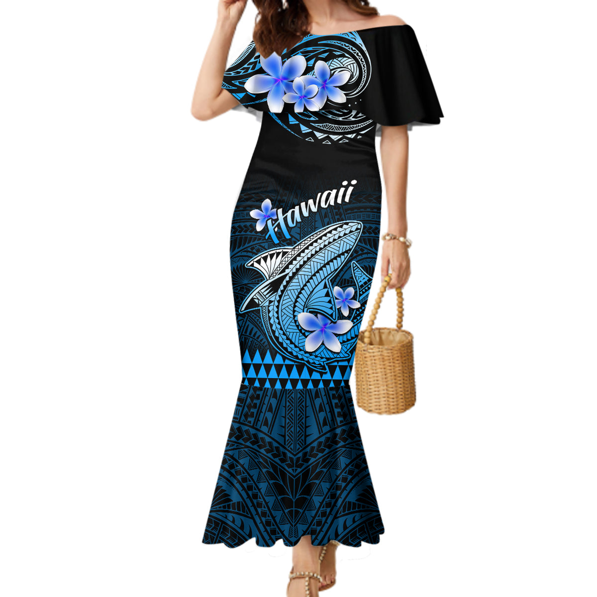 Hawaii Mermaid Dress Polynesian Shark with Kakau Blue Version - Wonder Print Shop