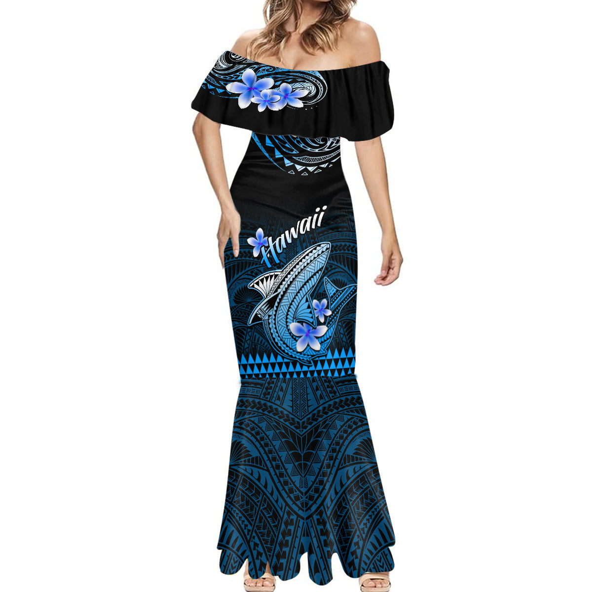 Hawaii Mermaid Dress Polynesian Shark with Kakau Blue Version - Wonder Print Shop