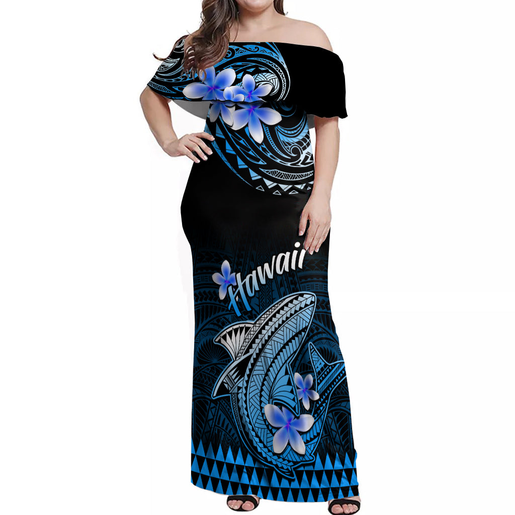 Hawaii Off Shoulder Maxi Dress Polynesian Shark with Kakau Blue Version - Wonder Print Shop