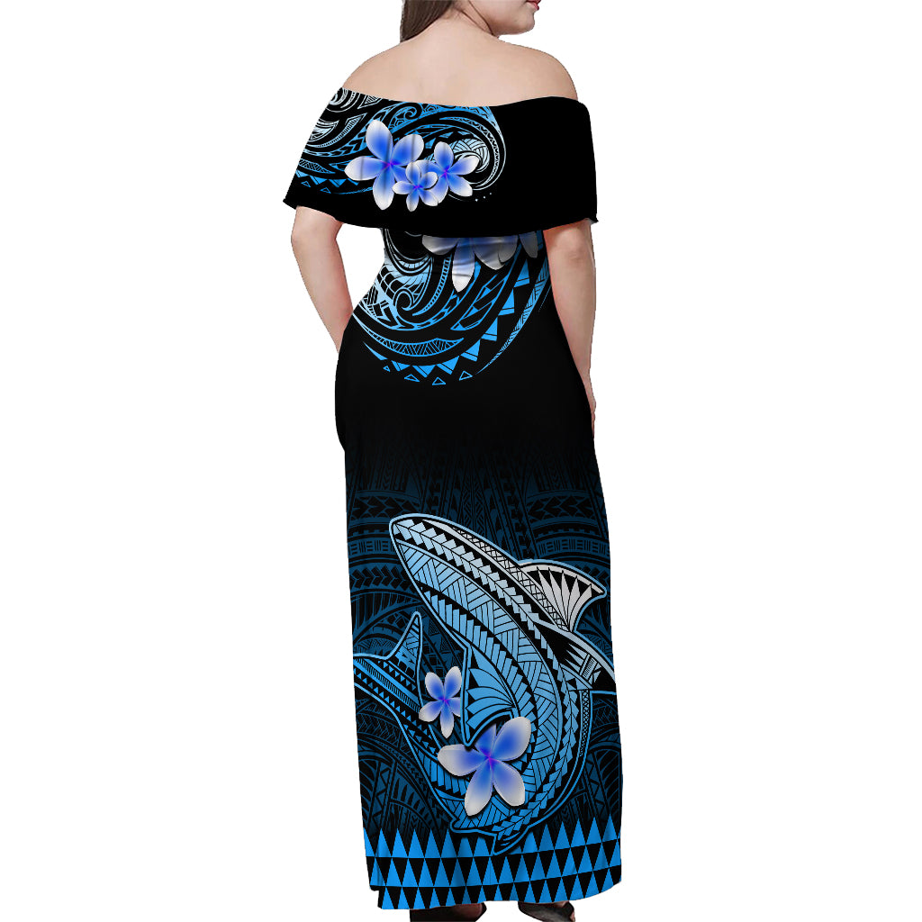 Hawaii Off Shoulder Maxi Dress Polynesian Shark with Kakau Blue Version - Wonder Print Shop