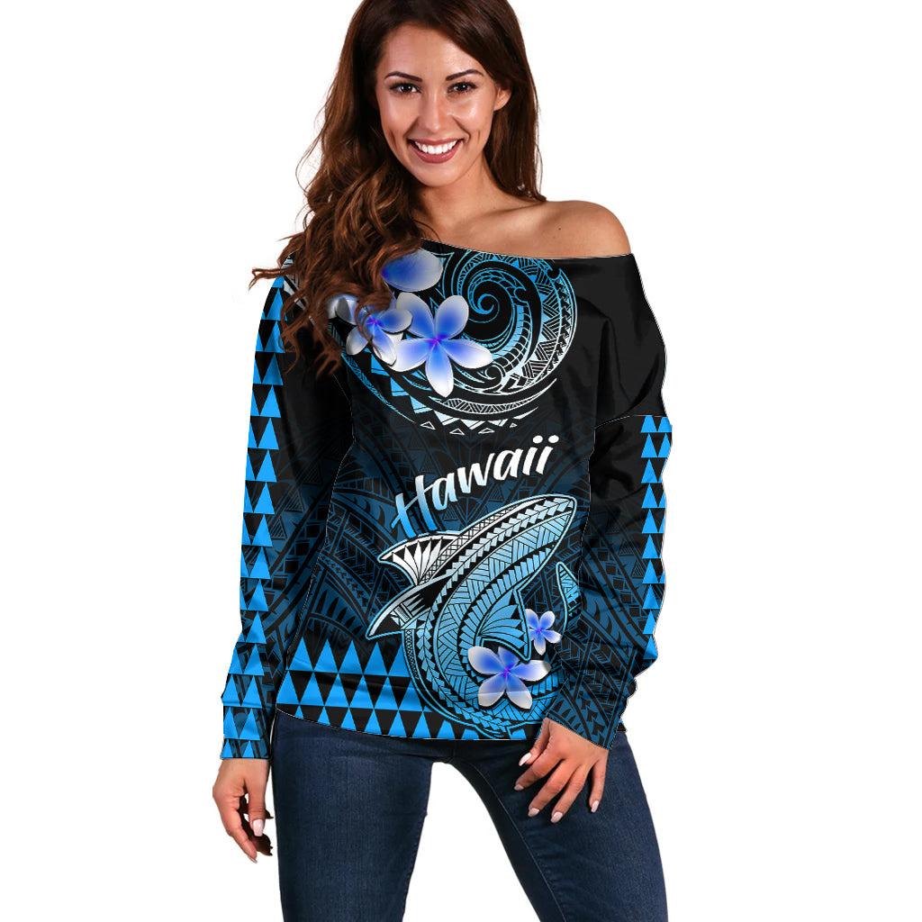 Hawaii Off Shoulder Sweater Polynesian Shark with Kakau Blue Version - Wonder Print Shop