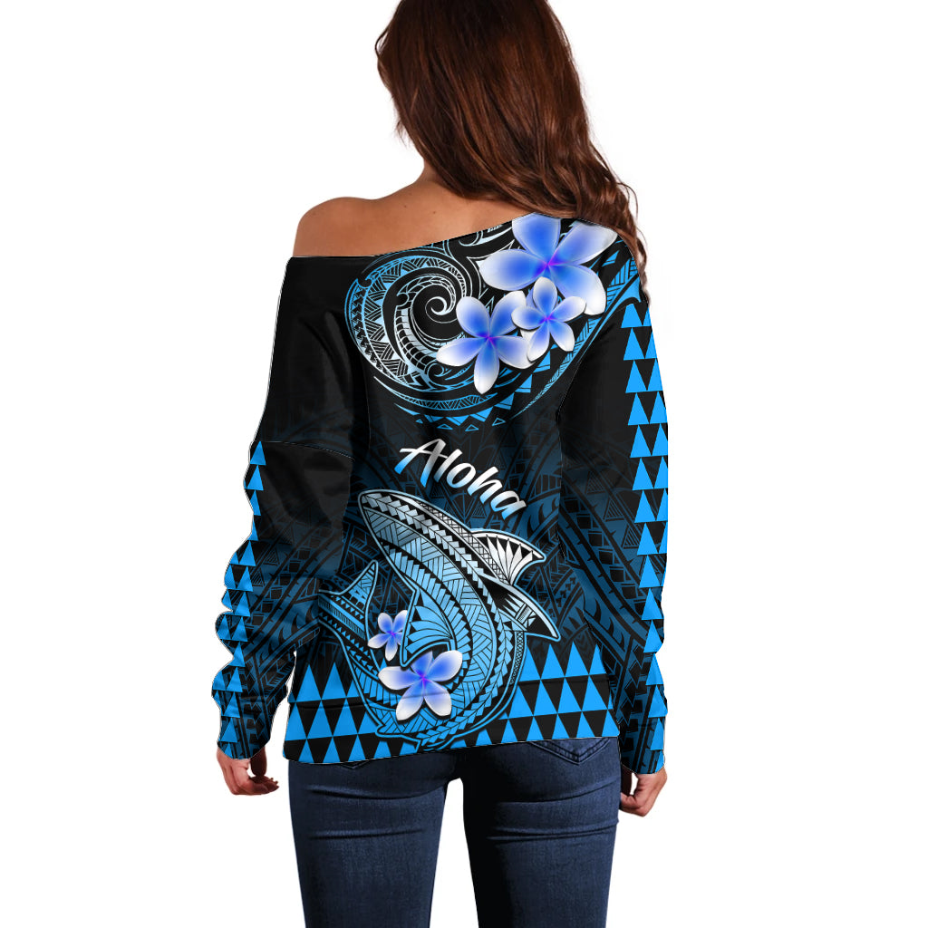Hawaii Off Shoulder Sweater Polynesian Shark with Kakau Blue Version - Wonder Print Shop