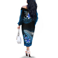 Hawaii Off The Shoulder Long Sleeve Dress Polynesian Shark with Kakau Blue Version - Wonder Print Shop