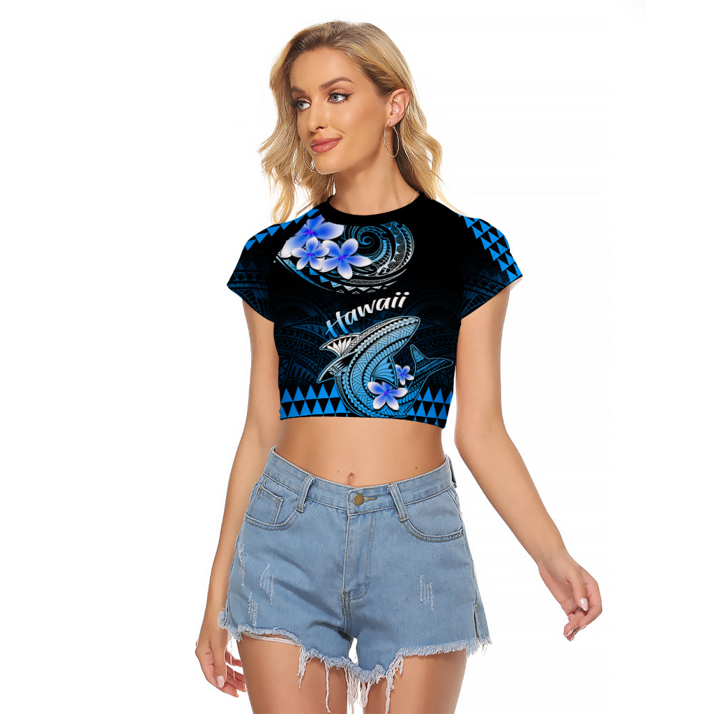 Hawaii Raglan Cropped T Shirt Polynesian Shark with Kakau Blue Version - Wonder Print Shop