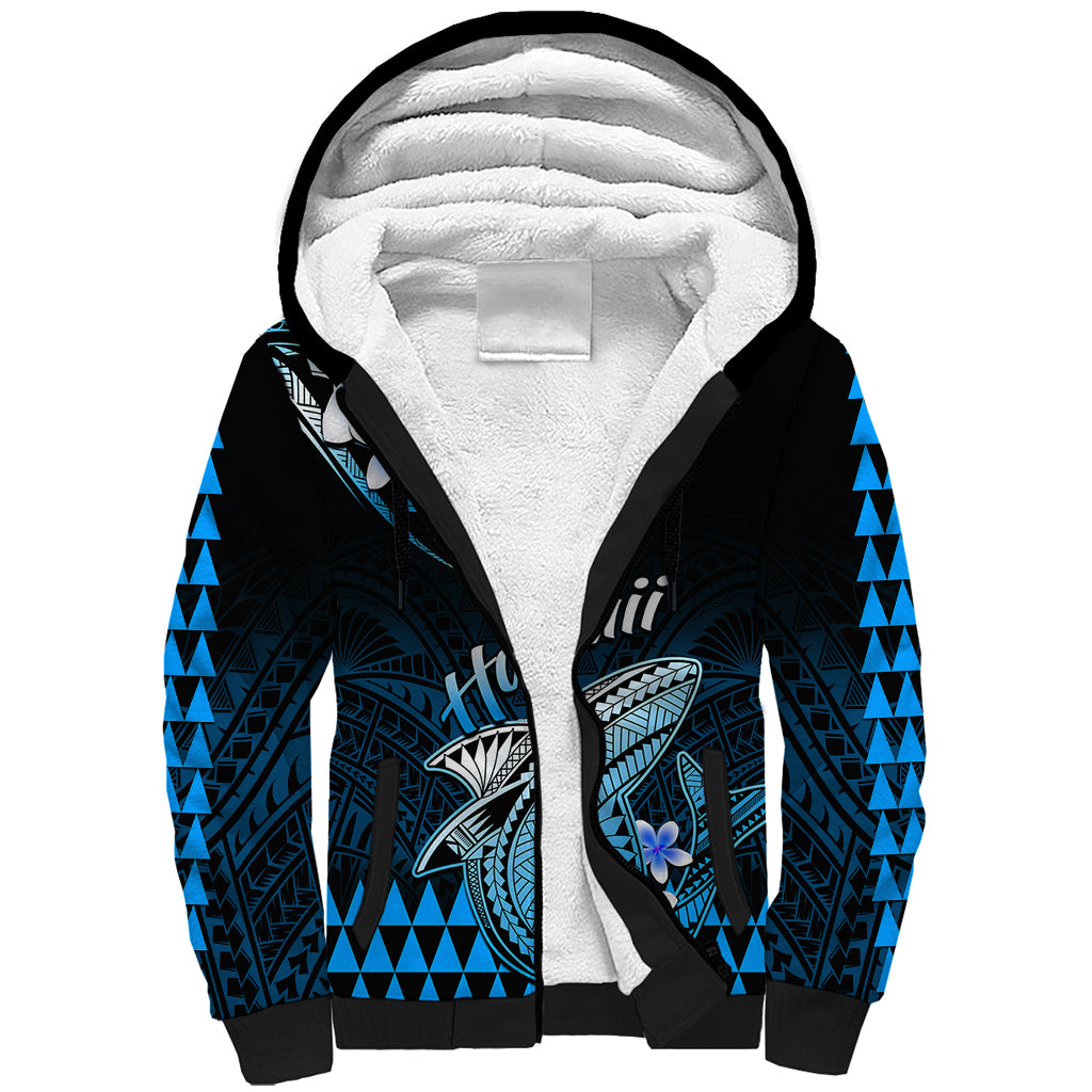 Hawaii Sherpa Hoodie Polynesian Shark with Kakau Blue Version - Wonder Print Shop