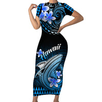 Hawaii Short Sleeve Bodycon Dress Polynesian Shark with Kakau Blue Version - Wonder Print Shop