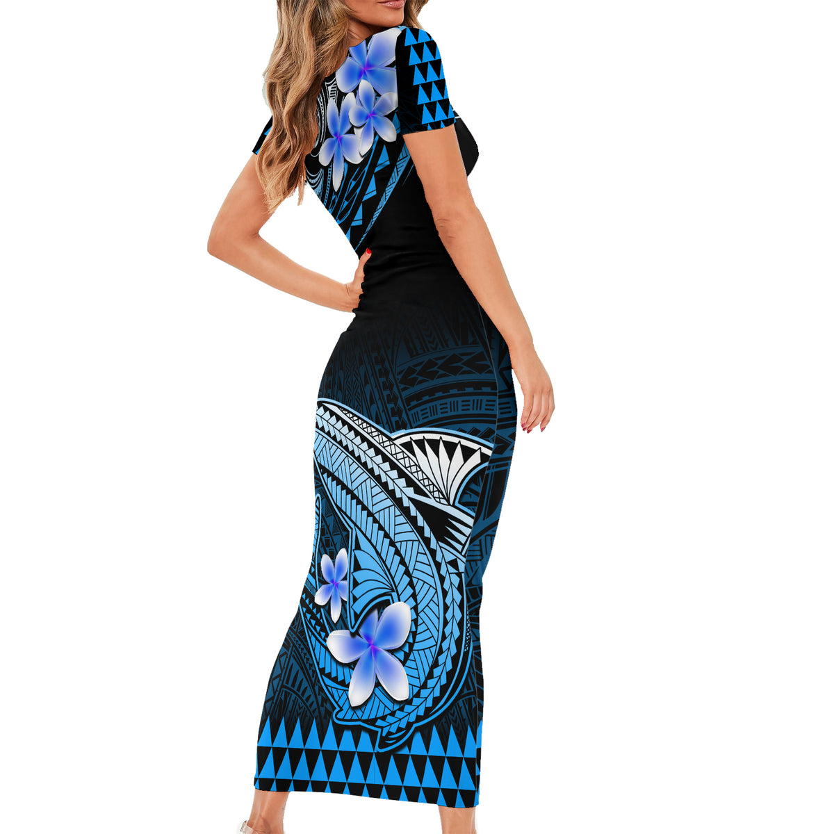 Hawaii Short Sleeve Bodycon Dress Polynesian Shark with Kakau Blue Version - Wonder Print Shop