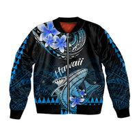 Hawaii Sleeve Zip Bomber Jacket Polynesian Shark with Kakau Blue Version - Wonder Print Shop