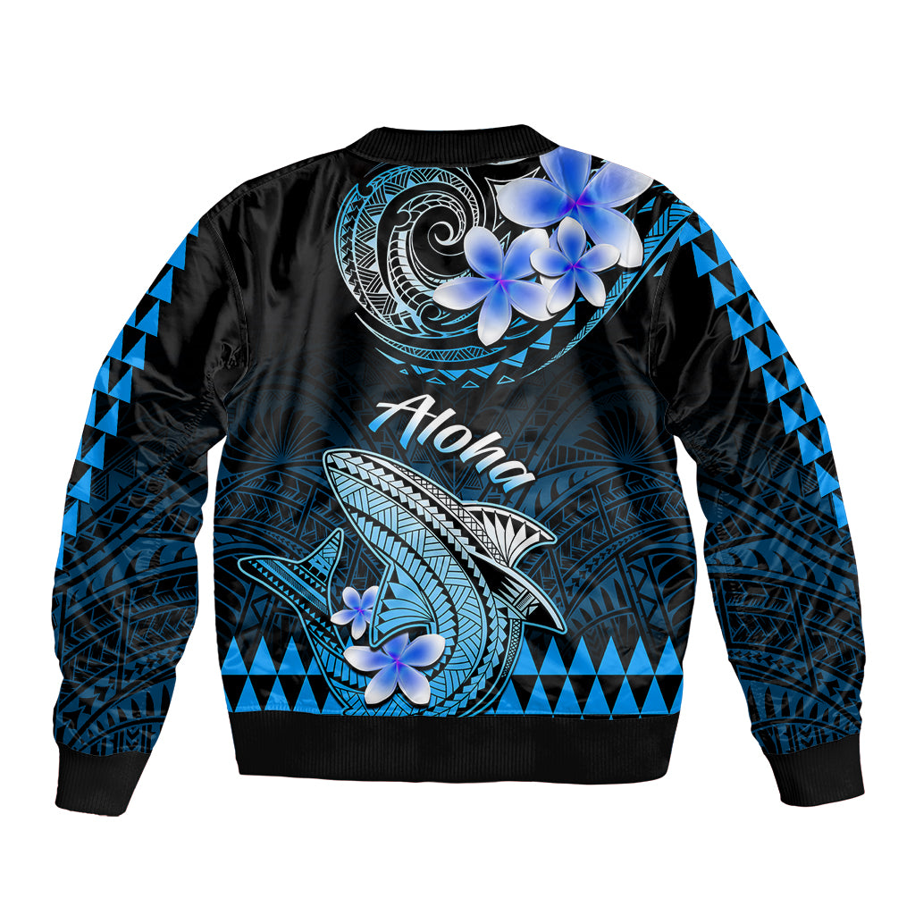 Hawaii Sleeve Zip Bomber Jacket Polynesian Shark with Kakau Blue Version - Wonder Print Shop