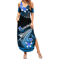 Hawaii Summer Maxi Dress Polynesian Shark with Kakau Blue Version - Wonder Print Shop