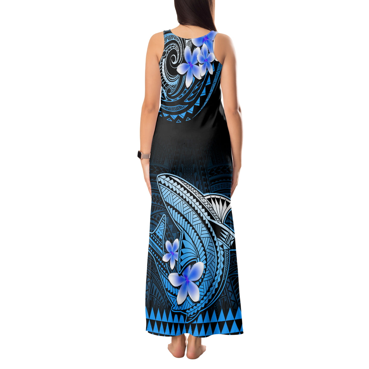 Hawaii Tank Maxi Dress Polynesian Shark with Kakau Blue Version - Wonder Print Shop