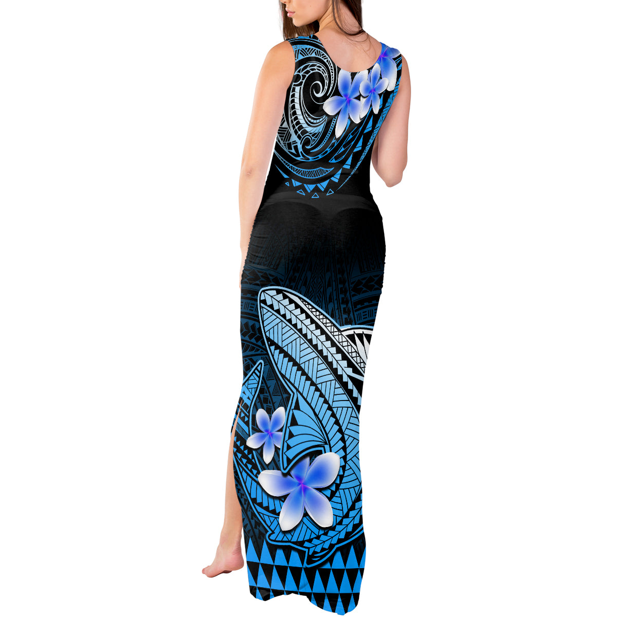 Hawaii Tank Maxi Dress Polynesian Shark with Kakau Blue Version - Wonder Print Shop