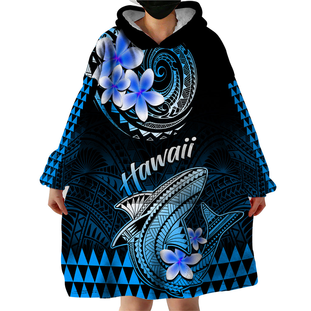 Hawaii Wearable Blanket Hoodie Polynesian Shark with Kakau Blue Version - Wonder Print Shop