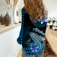 Hawaii Women Casual Shirt Polynesian Shark with Kakau Blue Version - Wonder Print Shop