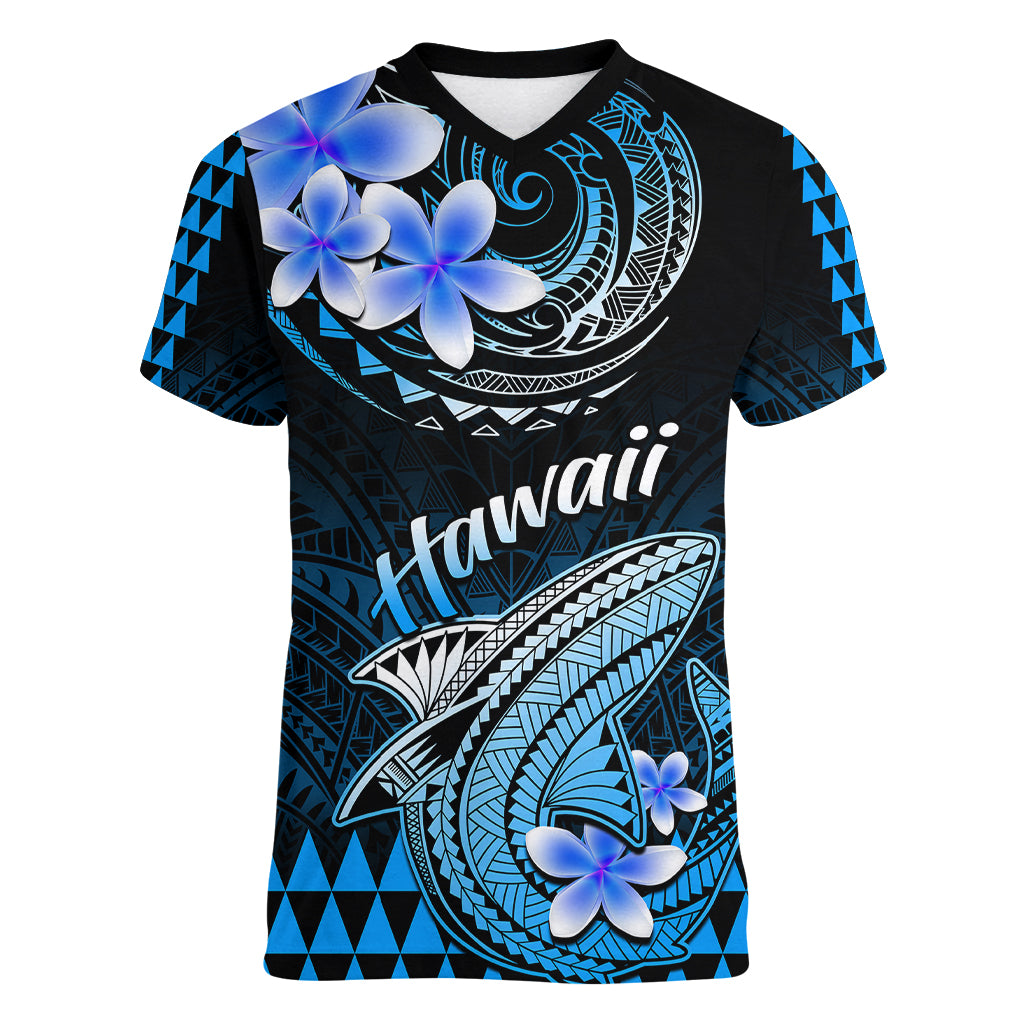 Hawaii Women V Neck T Shirt Polynesian Shark with Kakau Blue Version - Wonder Print Shop