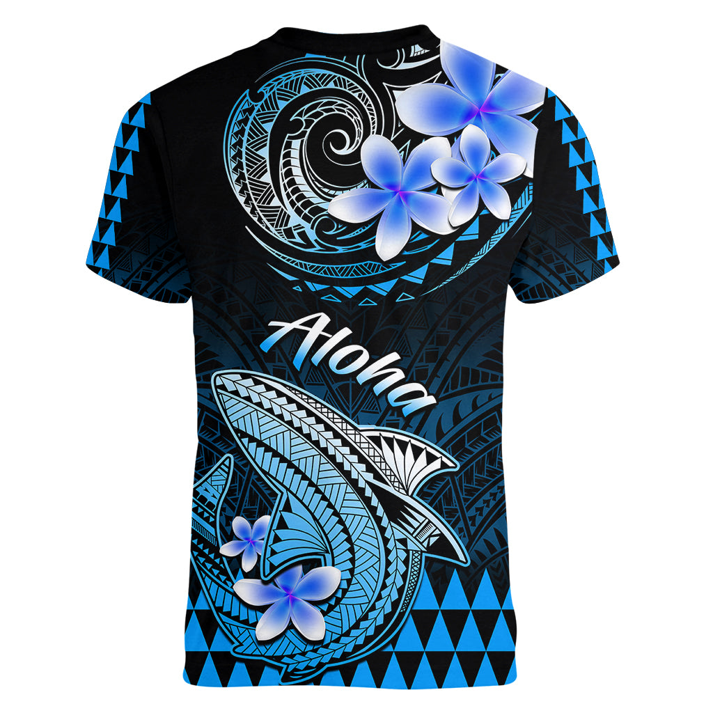 Hawaii Women V Neck T Shirt Polynesian Shark with Kakau Blue Version - Wonder Print Shop