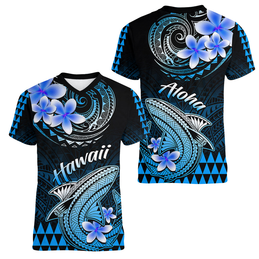 Hawaii Women V Neck T Shirt Polynesian Shark with Kakau Blue Version - Wonder Print Shop