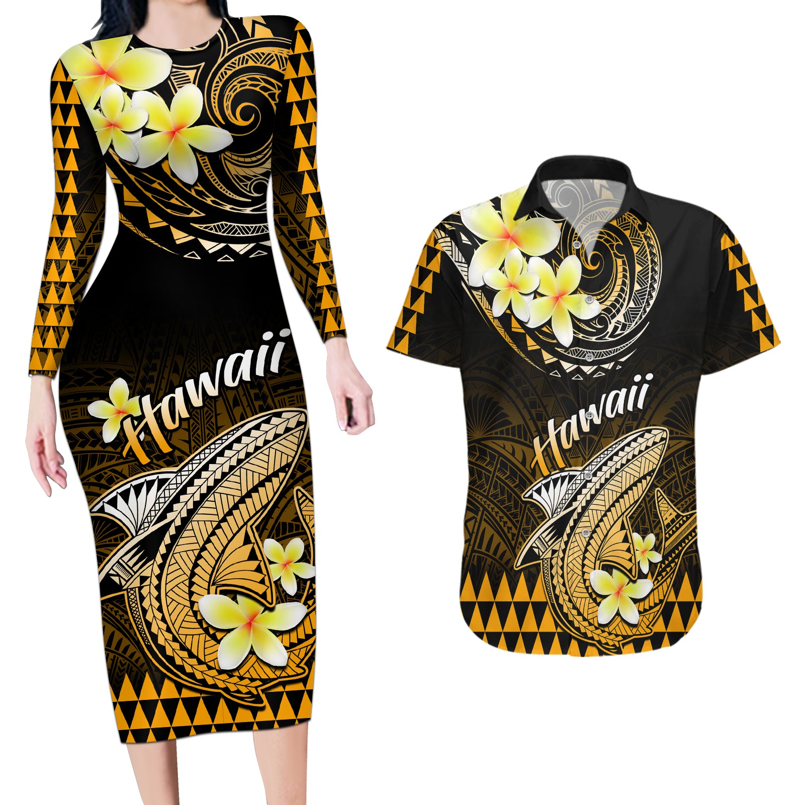 Hawaii Couples Matching Long Sleeve Bodycon Dress and Hawaiian Shirt Polynesian Shark with Kakau Gold Version - Wonder Print Shop