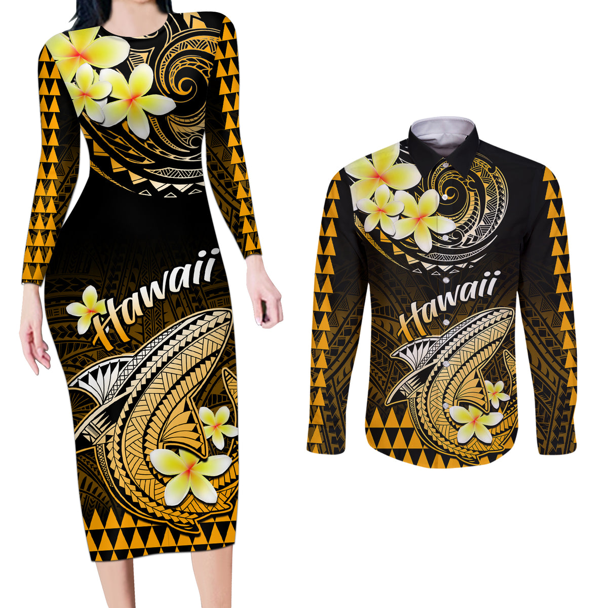 Hawaii Couples Matching Long Sleeve Bodycon Dress and Long Sleeve Button Shirts Polynesian Shark with Kakau Gold Version - Wonder Print Shop