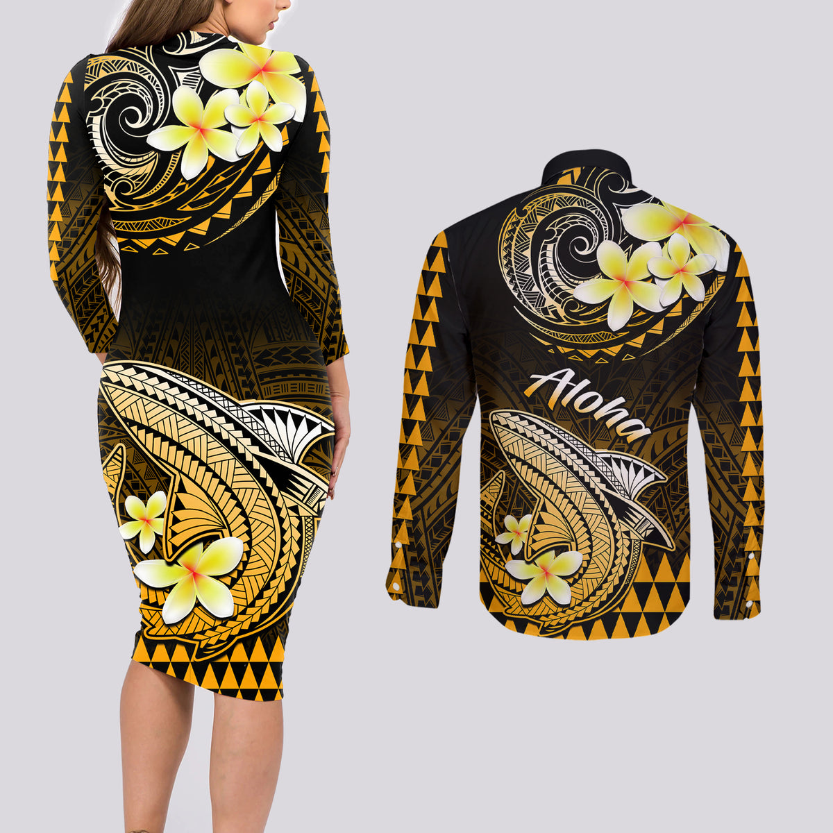 Hawaii Couples Matching Long Sleeve Bodycon Dress and Long Sleeve Button Shirts Polynesian Shark with Kakau Gold Version - Wonder Print Shop