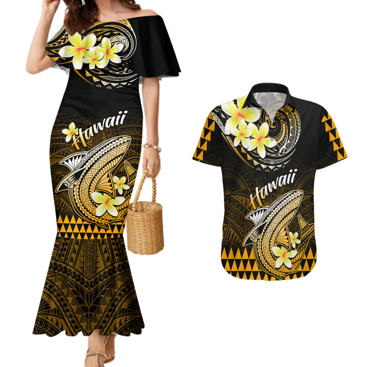 Hawaii Couples Matching Mermaid Dress and Hawaiian Shirt Polynesian Shark with Kakau Gold Version - Wonder Print Shop