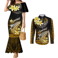 hawaii-couples-matching-mermaid-dress-and-long-sleeve-button-shirts-polynesian-shark-with-kakau-gold-version