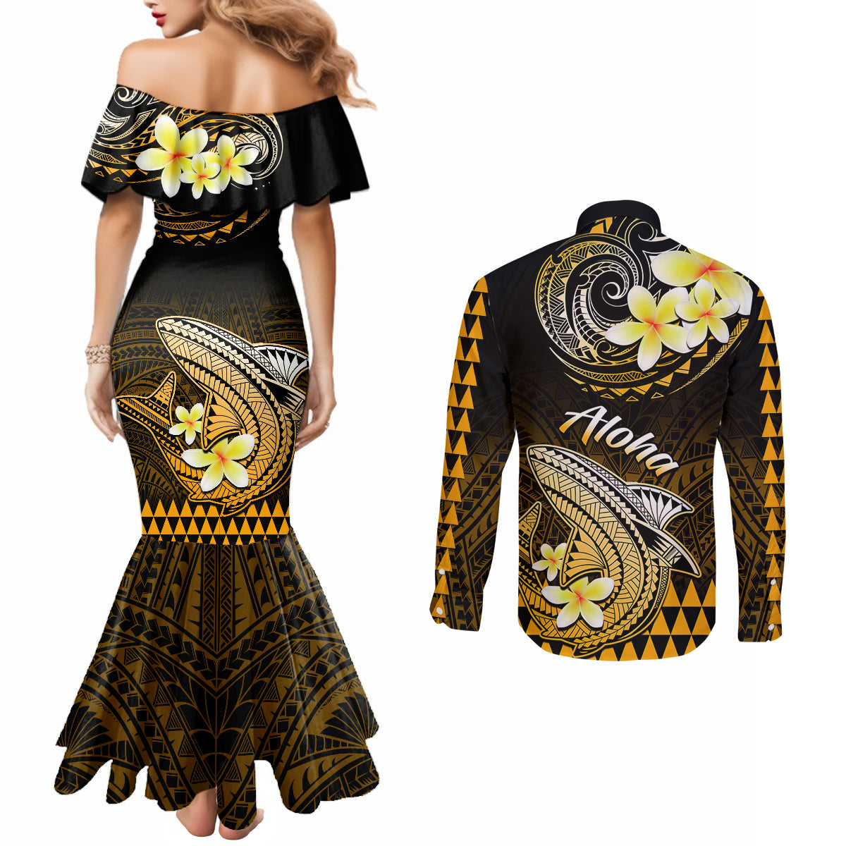 hawaii-couples-matching-mermaid-dress-and-long-sleeve-button-shirts-polynesian-shark-with-kakau-gold-version