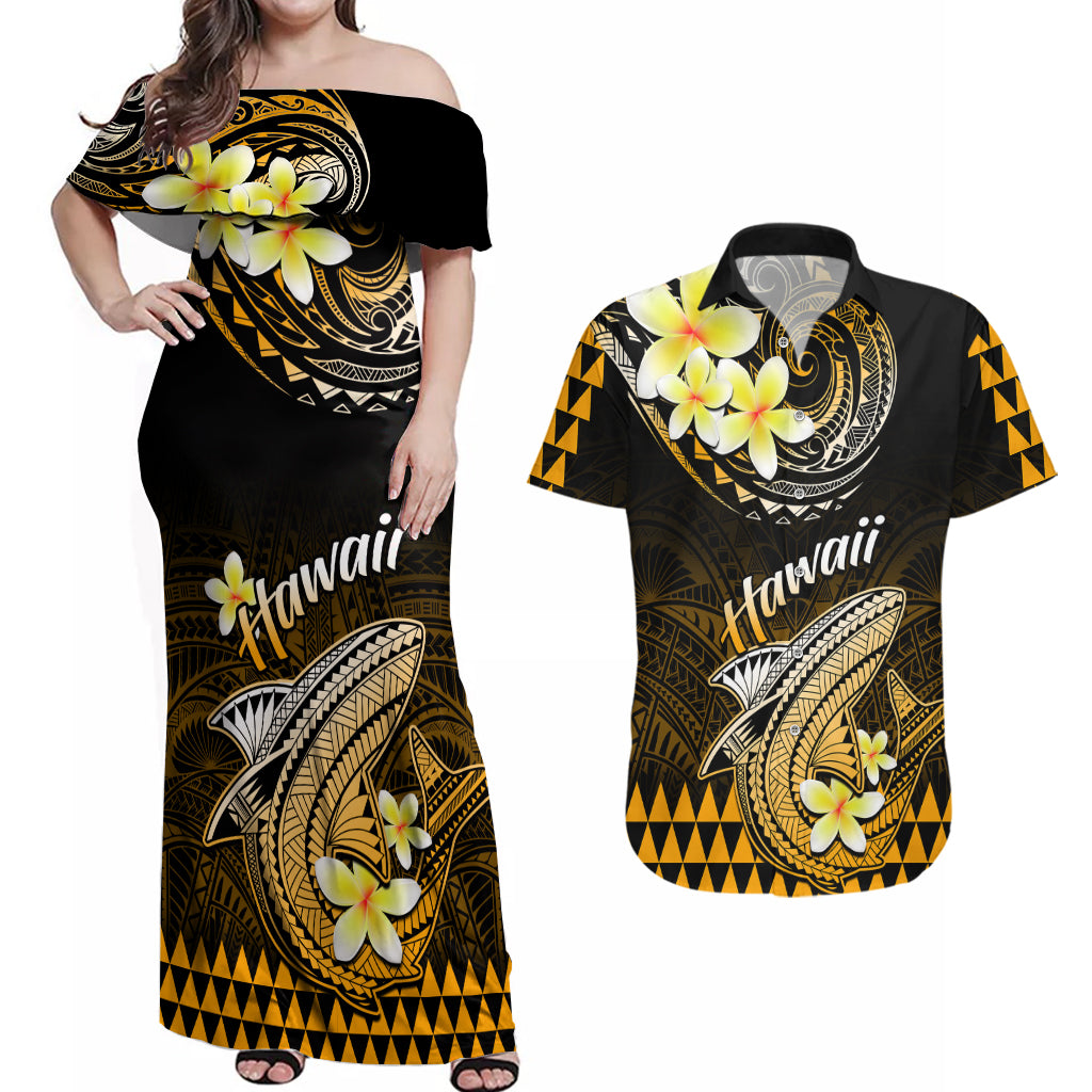 Hawaii Couples Matching Off Shoulder Maxi Dress and Hawaiian Shirt Polynesian Shark with Kakau Gold Version - Wonder Print Shop